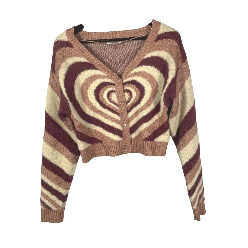 LA Hearts Cropped Cardigan Sweater Brown Beige Red Heart Illusion Pattern‎ S